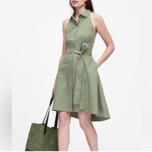 Banana Republic Olive Green Button Down Belted Hi/Lo Sleeveless Shirt Dress, 4